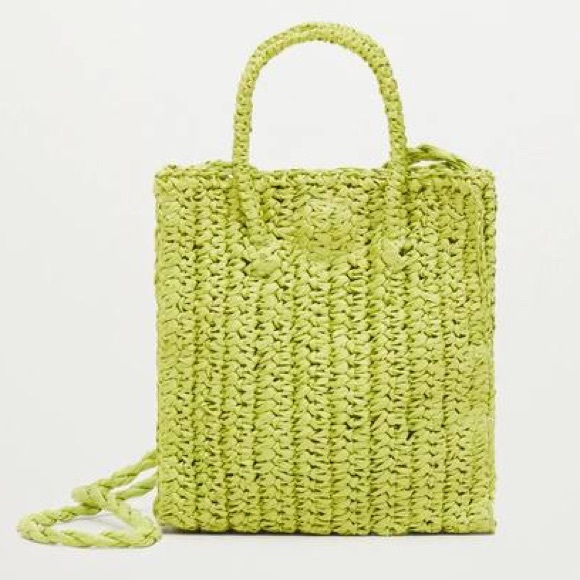MANGO NWT Mini Shopping Bag Green Straw Paper Bag - Picture 1 of 11